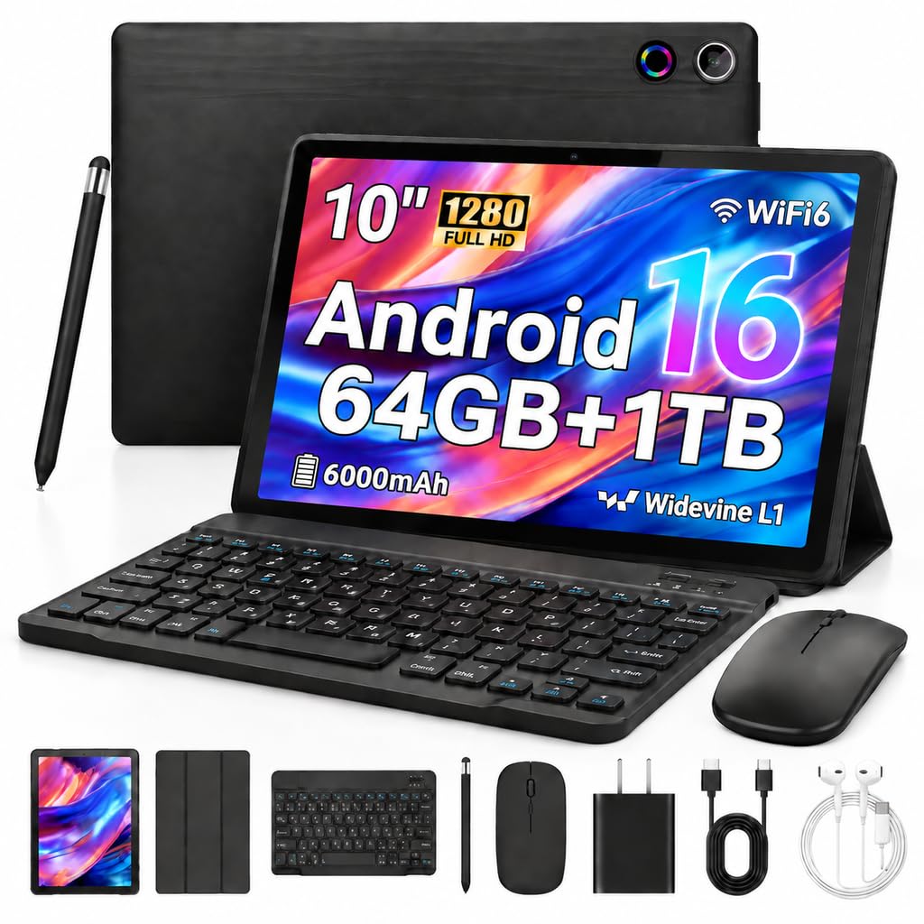 2 in 1 Android 16 Tablet with Keyboard Mouse Stylus Case, 64GB ROM 1TB Expend, 10.1 inch…
