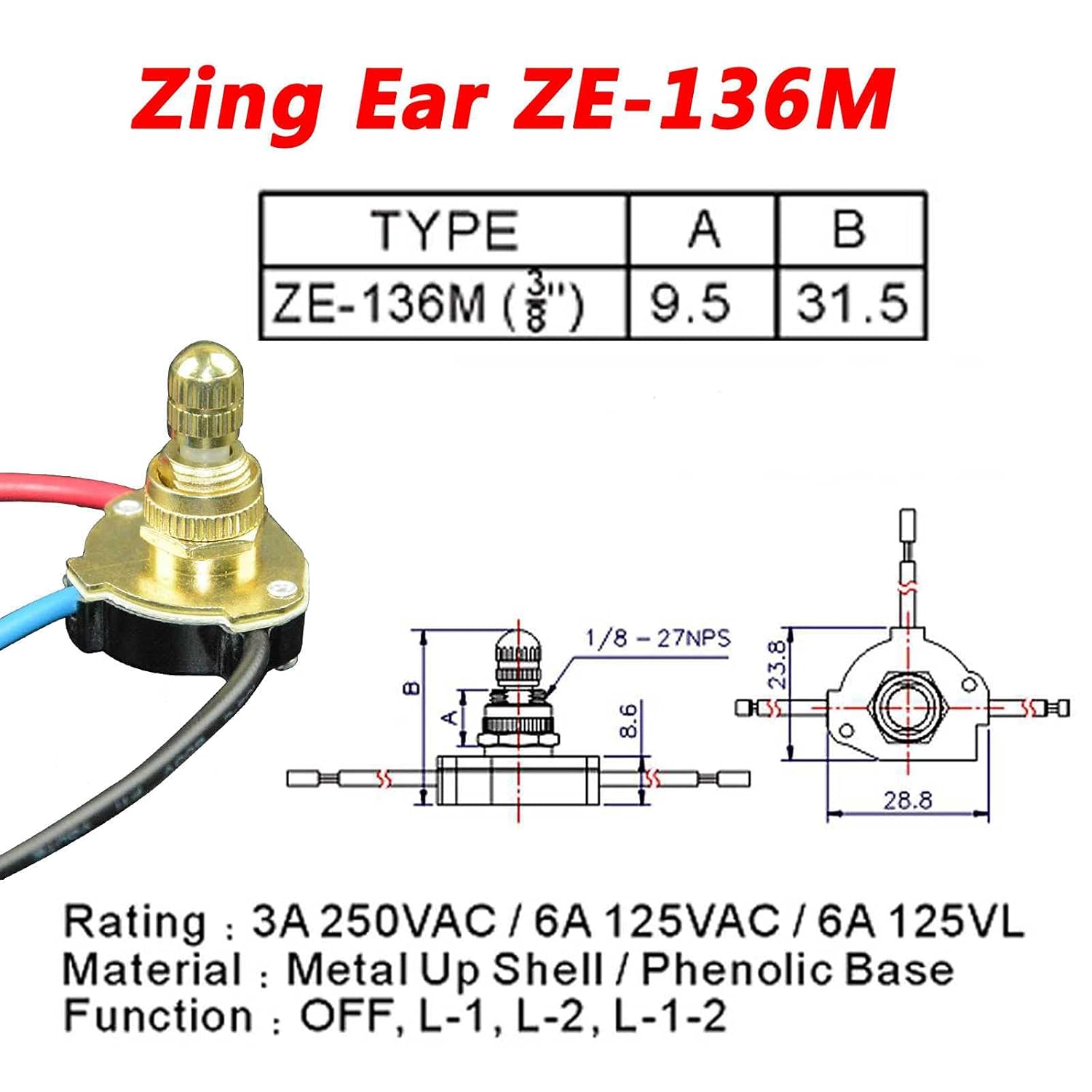 Buy Jifeijidian Zing Ear Switch Ze 136m 3 8 Rotary Button Dimmer Ceiling Fan Lamp Hanging Light Switches Replacement Repair Kit 2 Circuit 3 Way For Incandescent Bulb 3a 250vac 6a 125vac 125vl Metal Online In