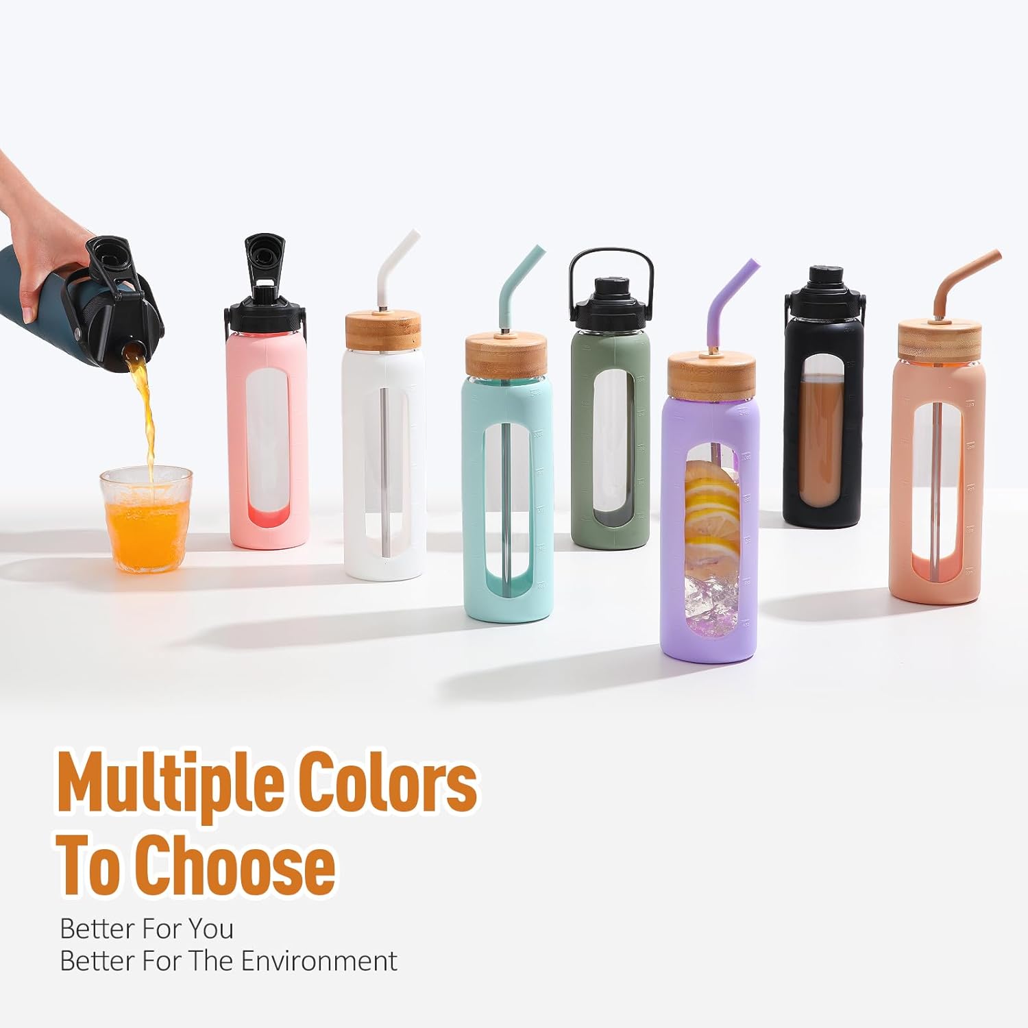 Kodrine Water Bottle with Straw, 24 oz Glass water Bottle with 2 Lids Bamboo Straw Lid and Spout Lid with Handle, 32 oz Clear Water Bottle Glass for Sports Travel, Waterbottle with Time Marker - Image 7