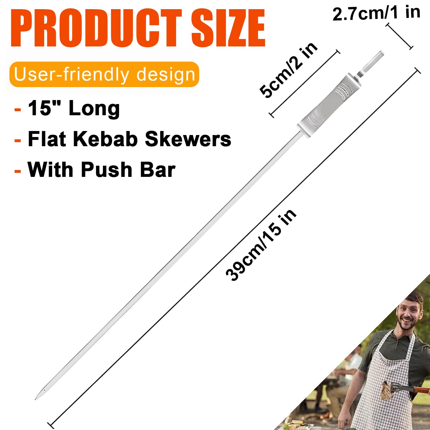 AGIgear BBQ Skewers, Premium 304 Stainless Steel BBQ Skewers,15 Inch Heavy Duty Metal Kabob Sticks for Grilling, Reusable & Dishwasher Safe (Single fork8)