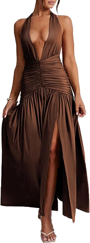 Ekaliy Womens Sexy Halter Deep V Neck Maxi Dress Sleeveless Backless High Slit Ruched Long Dress Summer Party Cocktail Dress