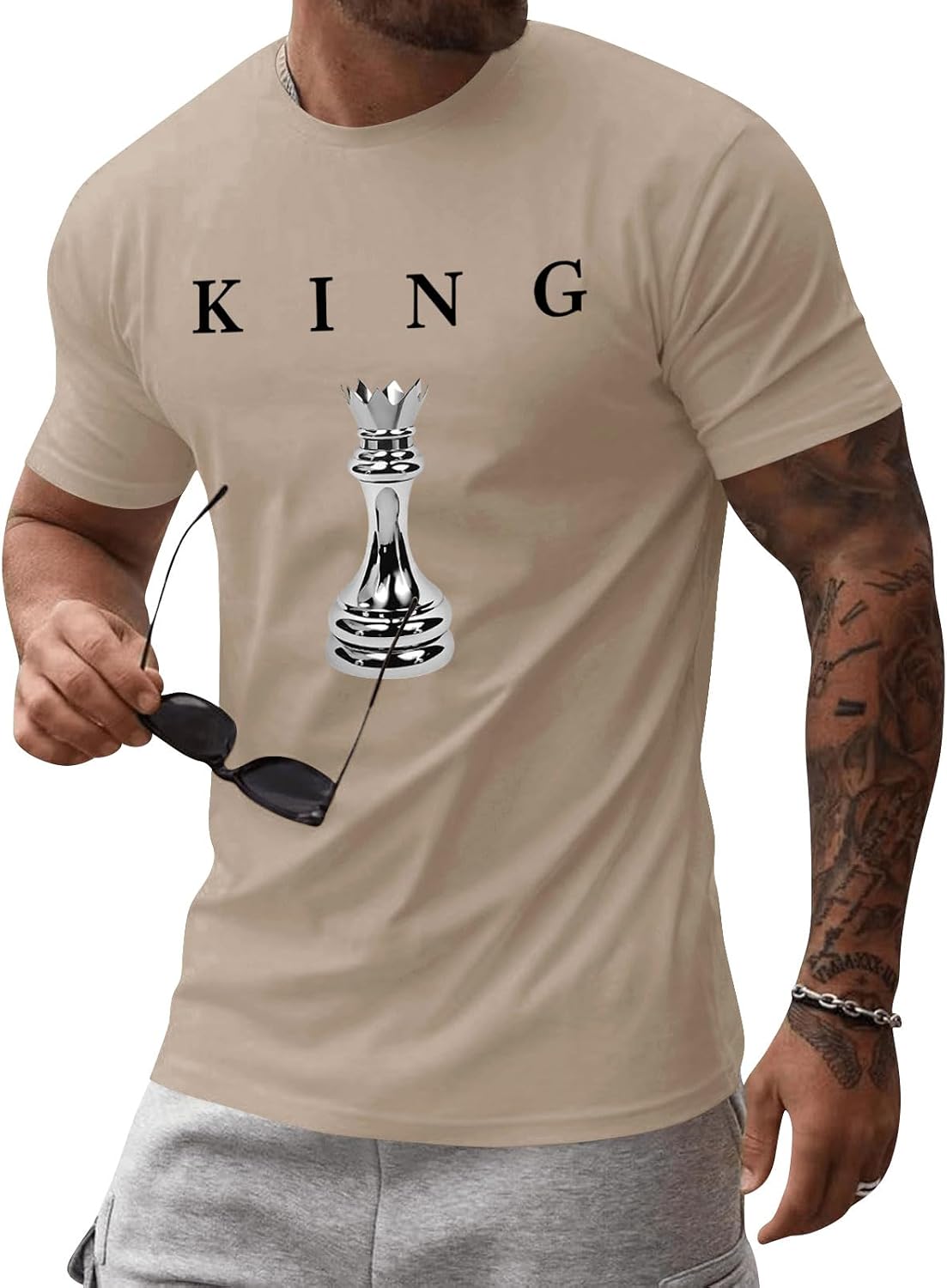 Mens Graphic Tee Short Sleeve Chess King Shirt Summer Casual Streetwear Urban Letter T-Shirt