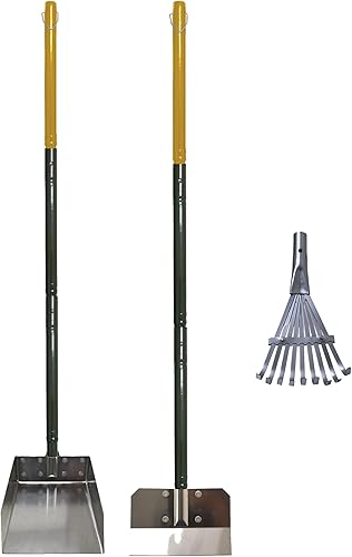 Four Paws Juego de 3 piezas de rastrillo de acero inoxidable de mango largo para excrementos de perro, pala y sartén, herramienta de recolección de