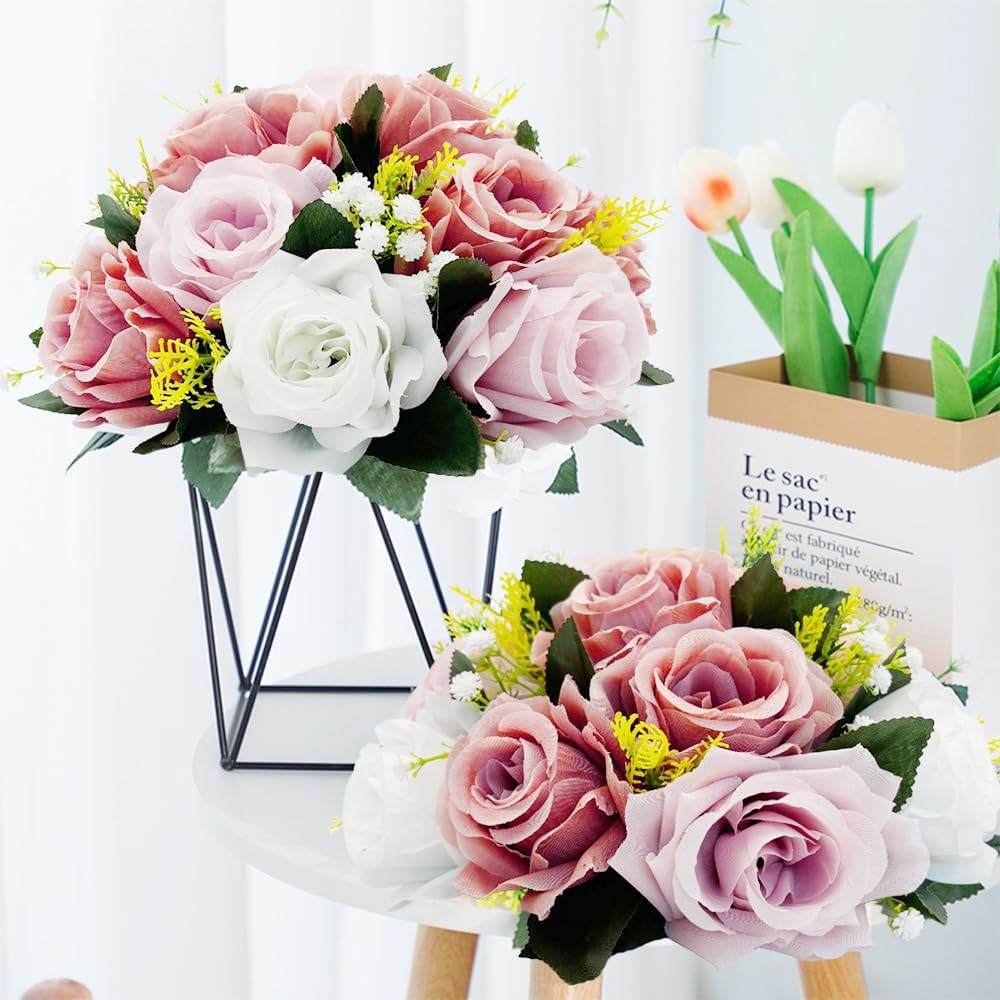 10Pcs Artificial Flower Balls for Centerpieces, Large Round Rose Balls for Parties Valentine's Day Wedding Centerpieces and Home Office Decor (Dusty Pink & White)