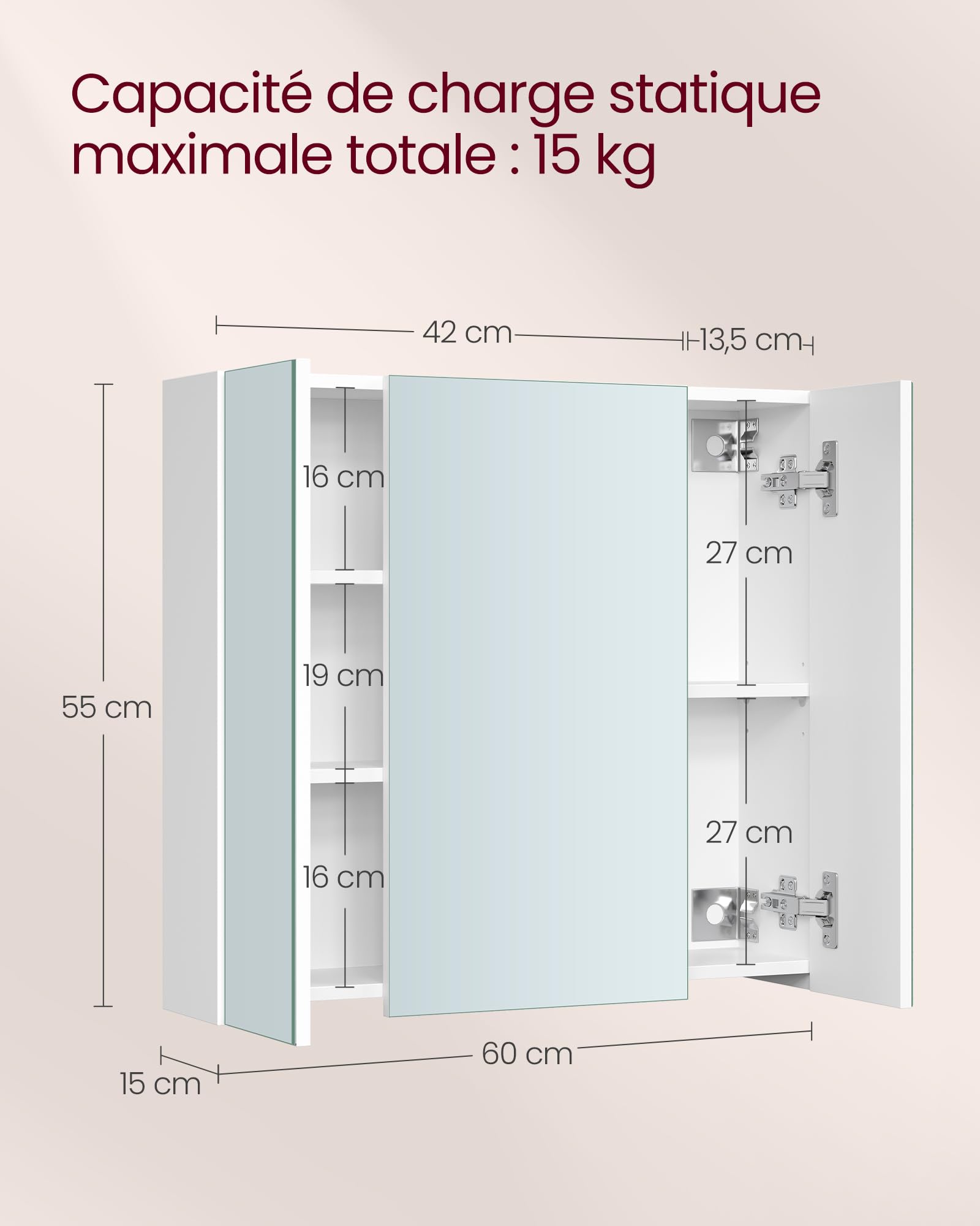 VASAGLE Collection KAILYN - Armoire Murale Salle de Bain, avec Miroir, 3 Portes, 60 x 15 x 55 cm, avec Étagère Réglable, Moderne, Blanc BBK22WTV1