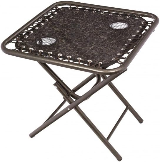 Bliss Hammocks GFC-TBL-J Convenient Outdoor Patio Folding Side Table w 2 Built in Cup Holders, Durable & Weather Resistant Flexible Sling Material, White Powder Coated Steel Frame, Brown Jacquard