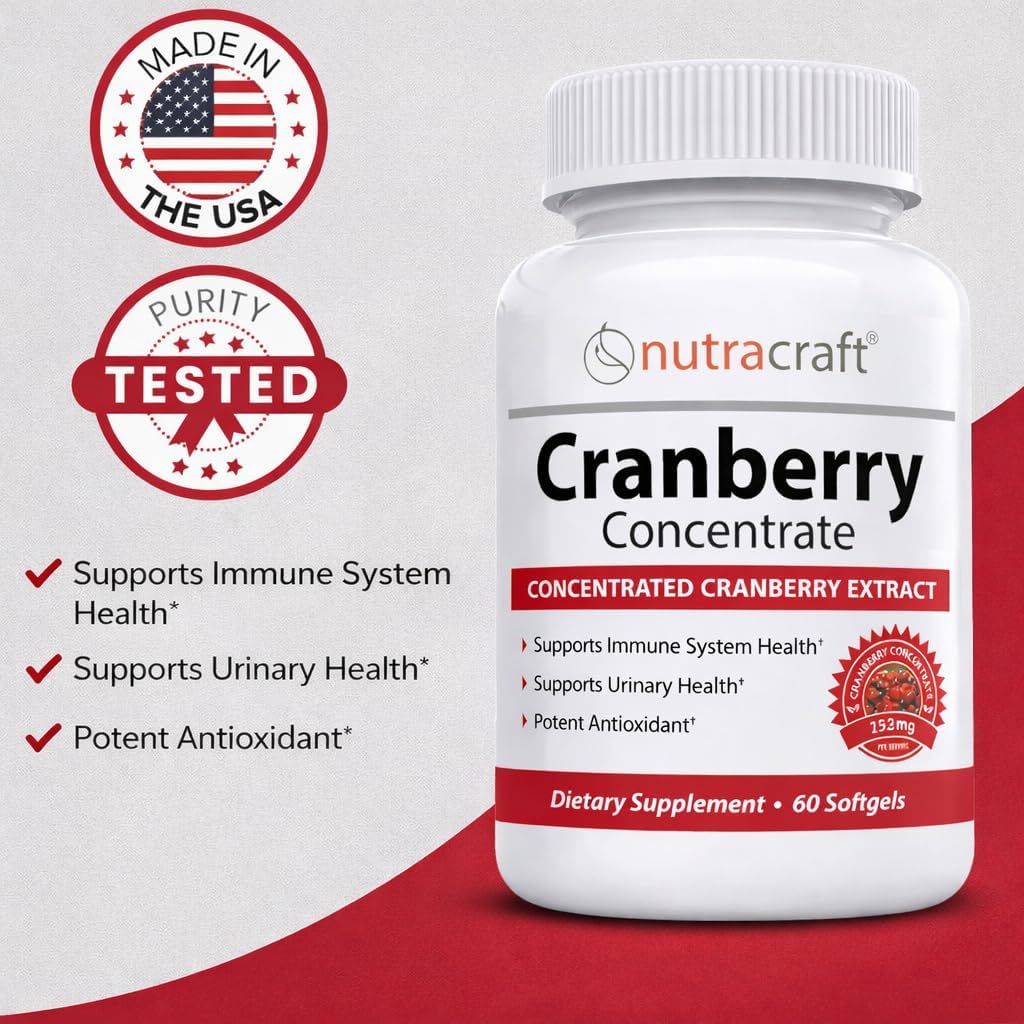 Nutracraft Cranberry Concentrate with Vitamin C & E | Urinary Tract & Bladder Support Supplement | 60 Softgels