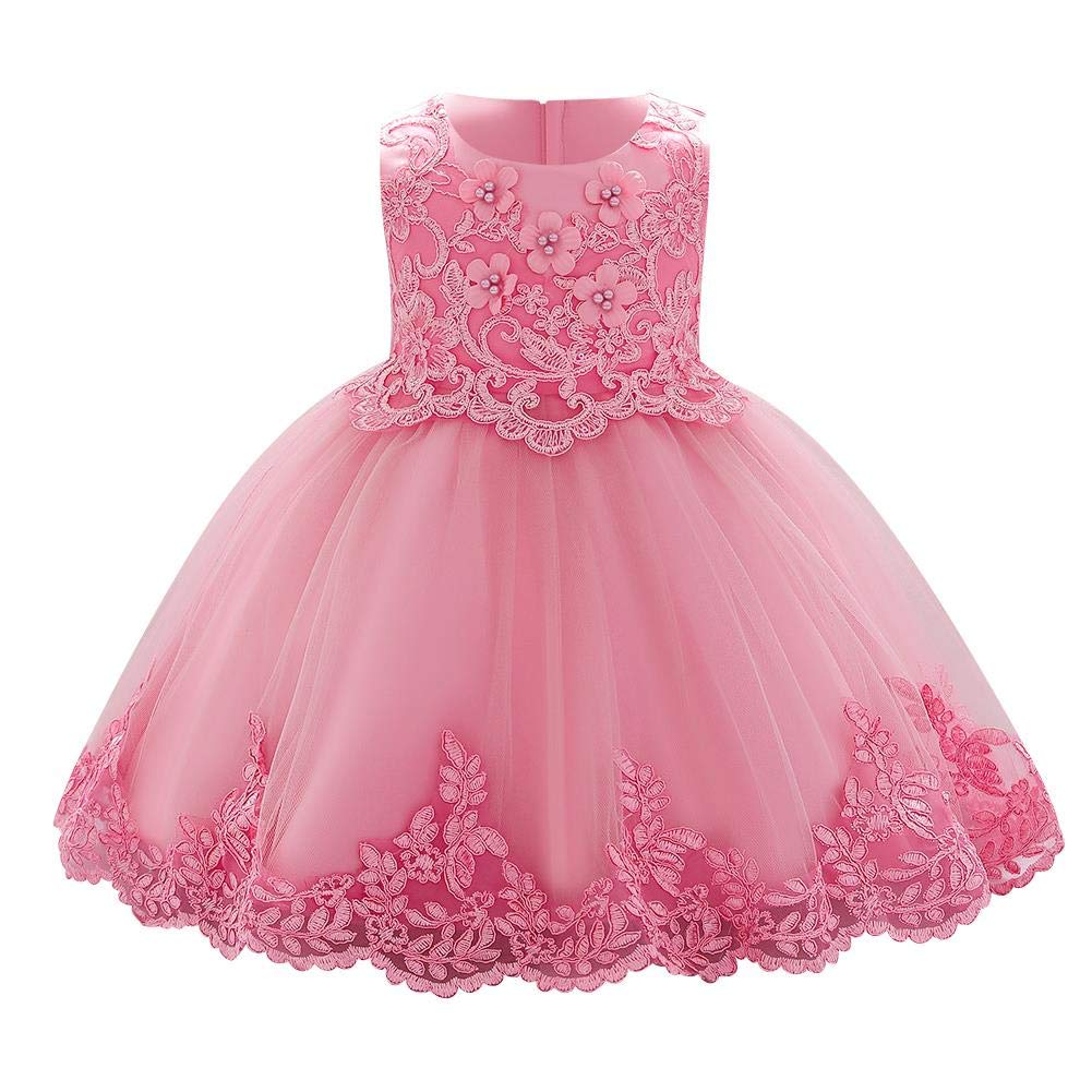 Infant Baby Girls Formal Princess Dress Embroidered Lace Applique Flower Beaded Christening Baptism Tulle Tutu Ball Gown Wedding Birthday Party Bridesmaid Pageant Prom Dress Bean Pink 12-18 Months