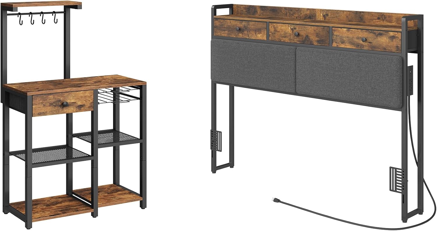 Bakers Rack with Storage, 5-Tier Coffee Bar Station with Drawer, Queen Size Headboard Only, Head Board with Charging Station, KF60BRY1-BH03UBR