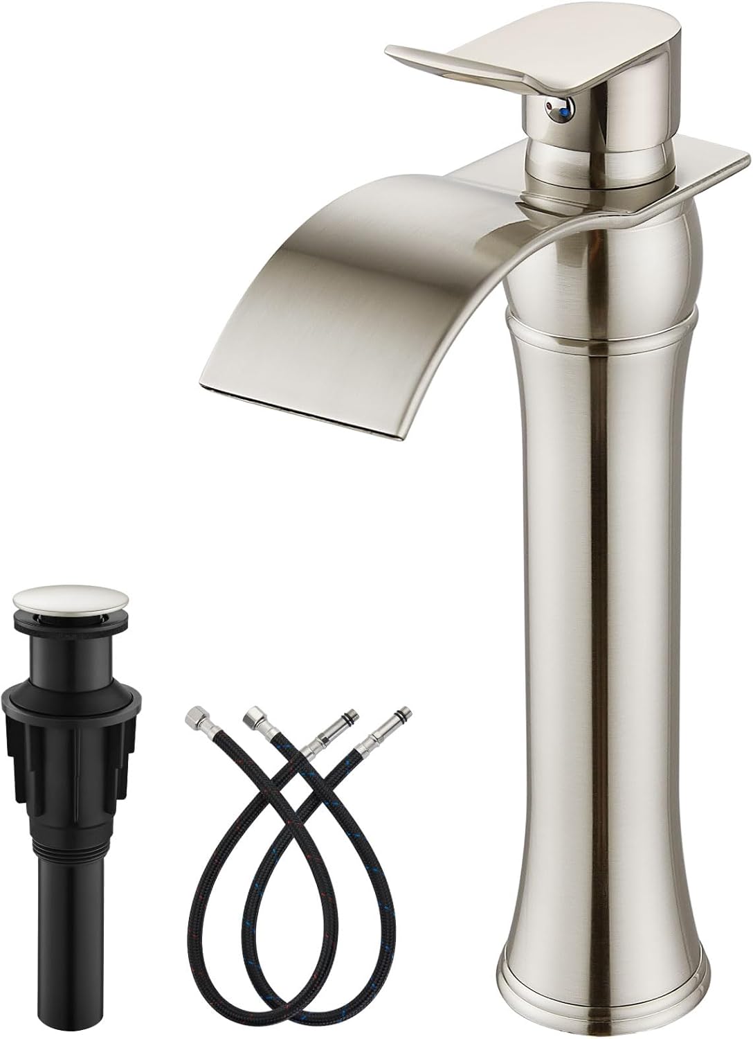 gotonovo Waterfall Vessel Sink Faucet for Sink 1 Hole,Single Handle Tall Bathroom Sink Faucet,Brass Waterfall Bathroom Faucet Arc Body Mixer Tap with Pop Up Drain and Supply Line,Brushed Nickel