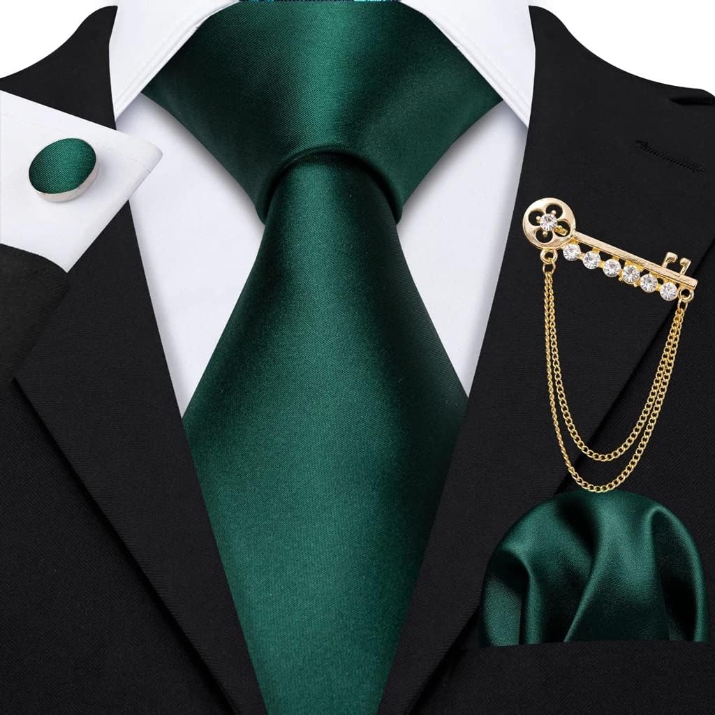 HBJWOV Designer Men Tie Green Striped Silk Necktie Handkerchief Cravat Brooch Set For Wedding Party