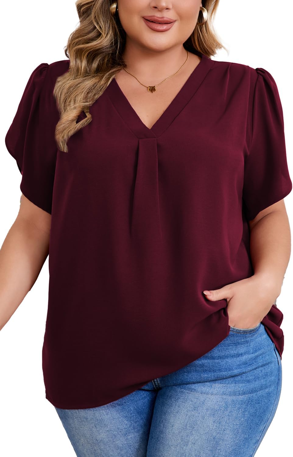 Women's Plus Size Casual Blouses Solid Business Work Tops Petal Short Sleeve V Neck Loose Fit T Shirt Summer Trendy 2026