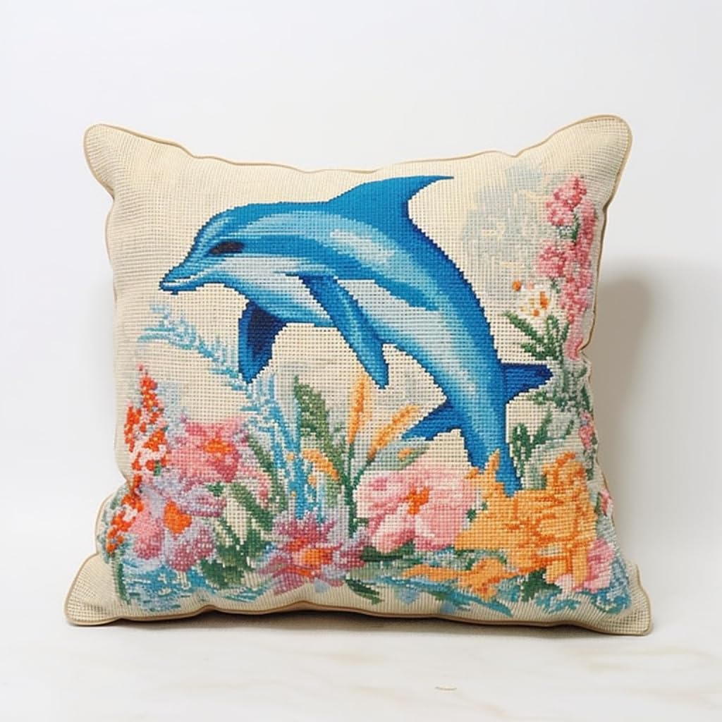 Taxpy DIY Latch Hook Kit Cushion Dolphins and Flowers Latch Hook Kit DIY Crochet Yarn Kits Embroidery Kits Unfinished Cushion Cover Pillowcase 17x17in