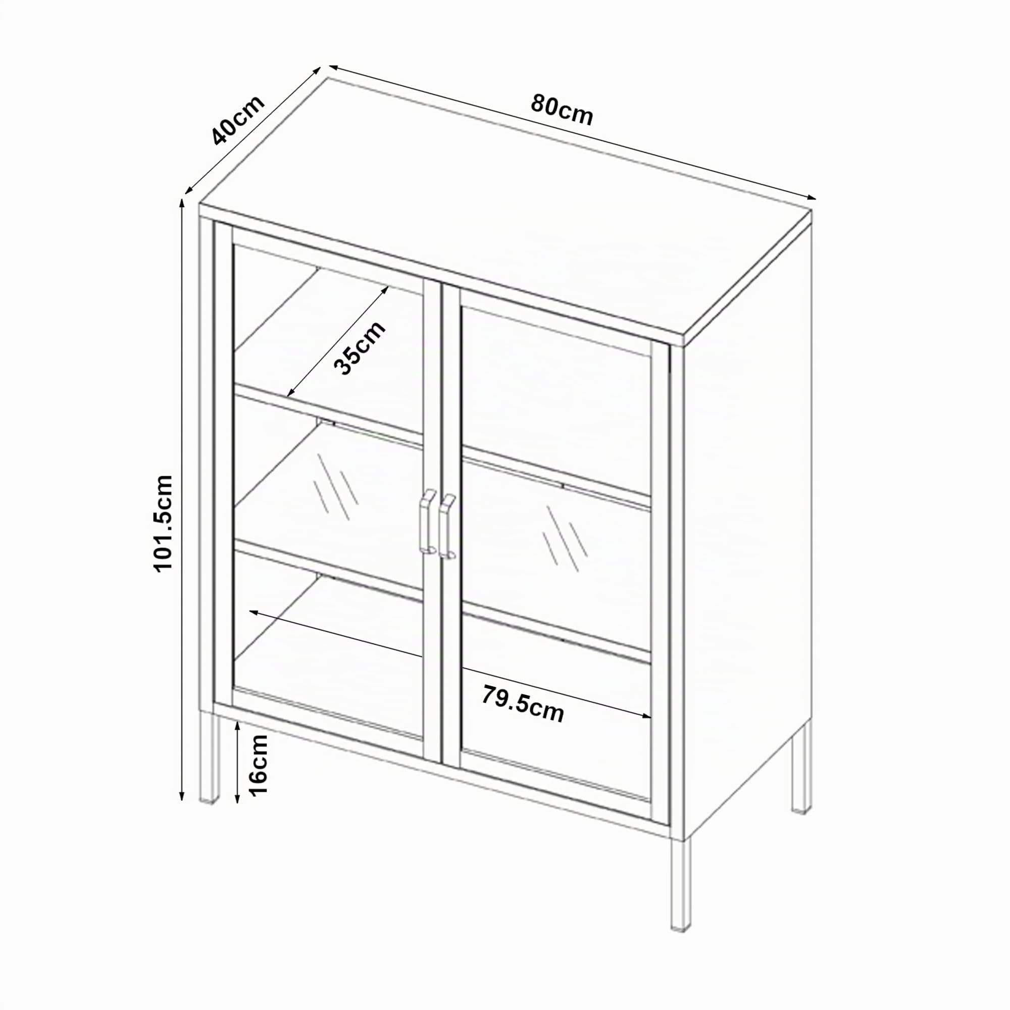 [en.casa] Comò in Acciaio con 2 Ante in Vetro Temperato Credenza per Soggiorno 101,5 x 80 x 40 cm Armadietto a Vetrata con 3 Scomparti - Bianco