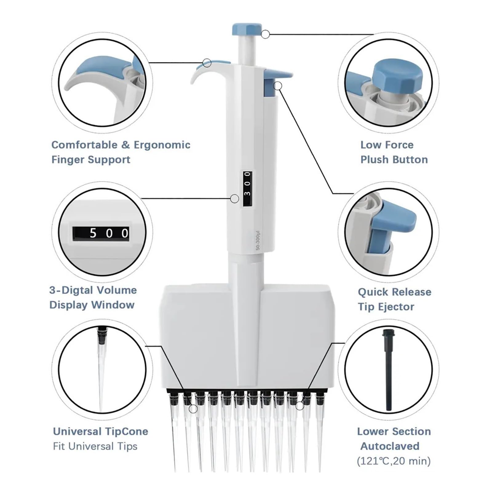 Pipeta ajustable de 12/8 canales Pipeta manual totalmente autoclavable Pipeta multicanal for laboratorio químico escolar(12 channel 0.5-10ul)