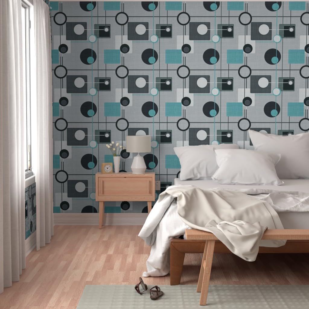 Removable Wallpaper 6ft x 2ft - Orbs Squares Grey Aqua Black White Vintage Blue Retro Circles Custom Pre-Pasted Wallpaper by Spoonflower