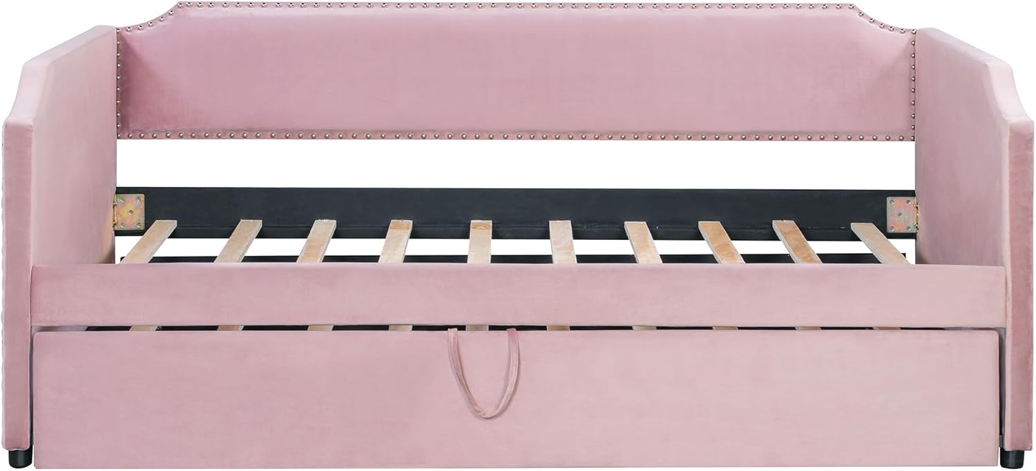 LZ LEISURE ZONE Twin Daybed with Pop Up Trundle, Velvet Upholstered Daybed with Pull-Out Trundle Bed, Space-Saving Sofa Bed for Guest Room/Small Apartment, Pink