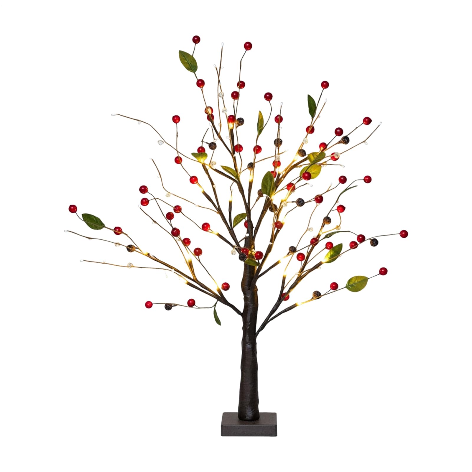 Arbre éclairé LED avec baies rouges et fleurs pour déco d'intérieur