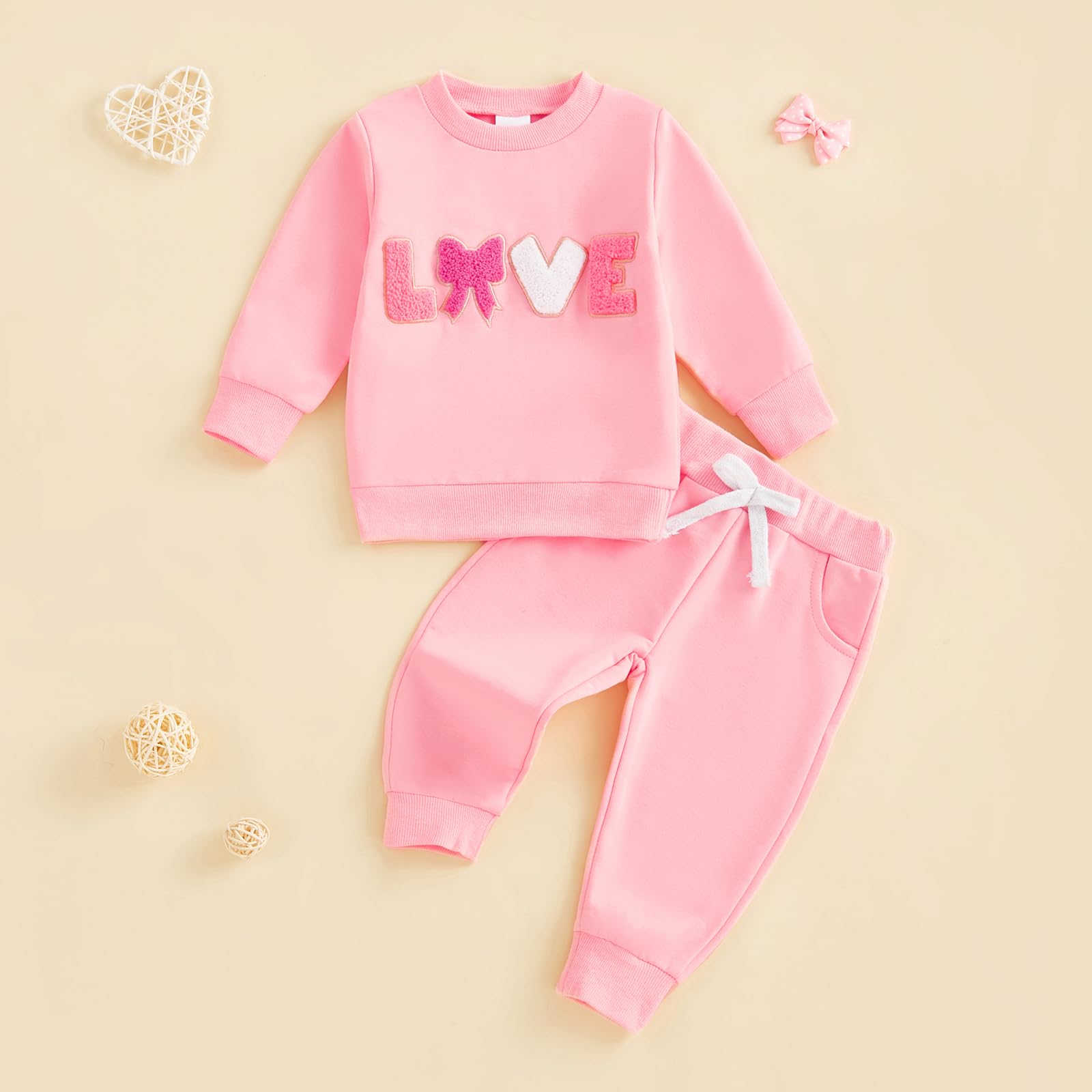 Toddler Girl Mothers Day Outfit Letter Embroidery Sweatshirt Sweatpants Set Infant Sweatsuit Newborn Spring Clothes (Pink, 12-18 Months)