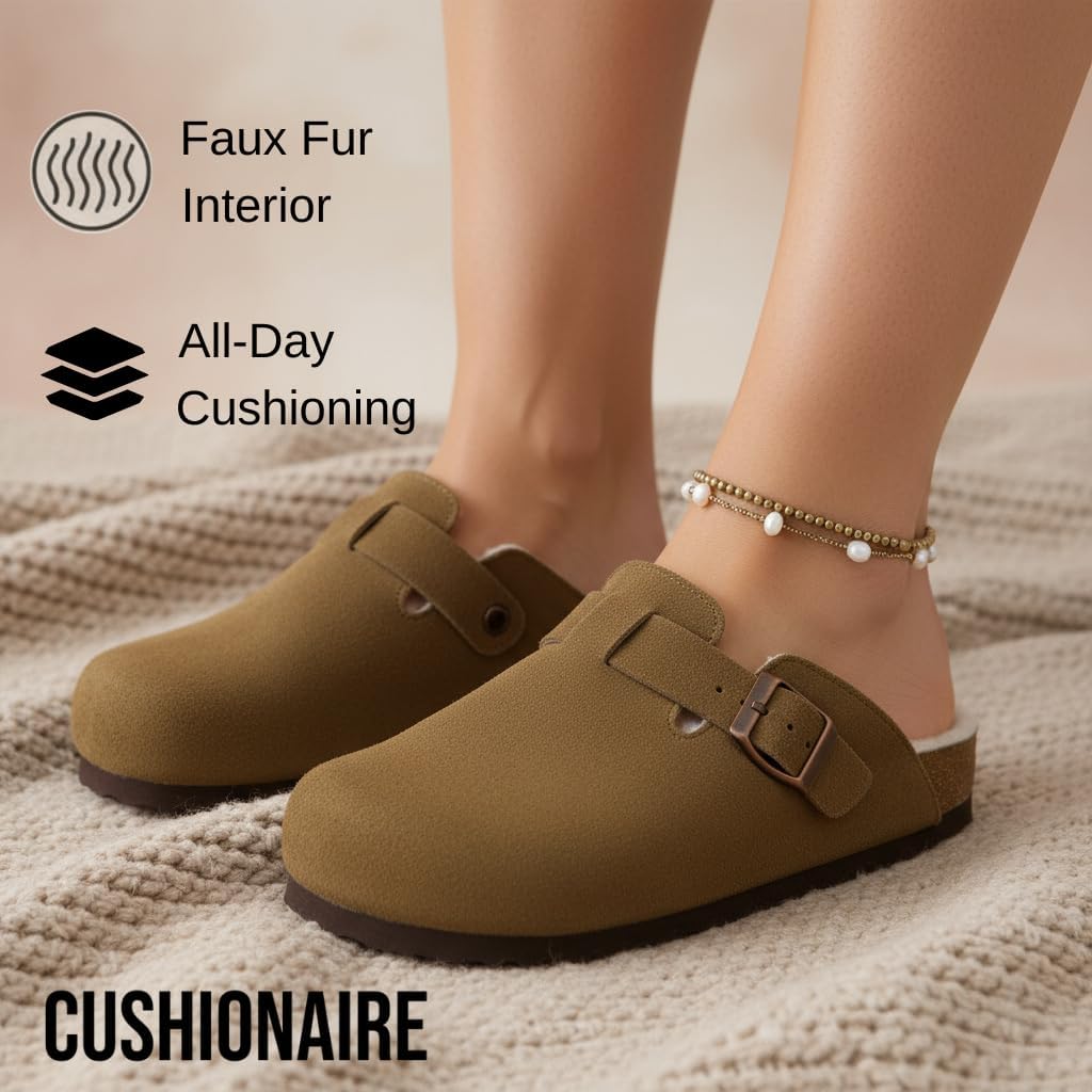 CUSHIONAIRE Women's Hana Cork footbed clog with Genuine Leather upper, Faux Fur lining, and +Comfort - Image 4