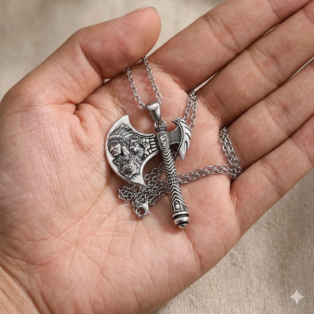 Indian Axe Pendant Necklace, Native American Wolf Design, Stainless Steel Chain