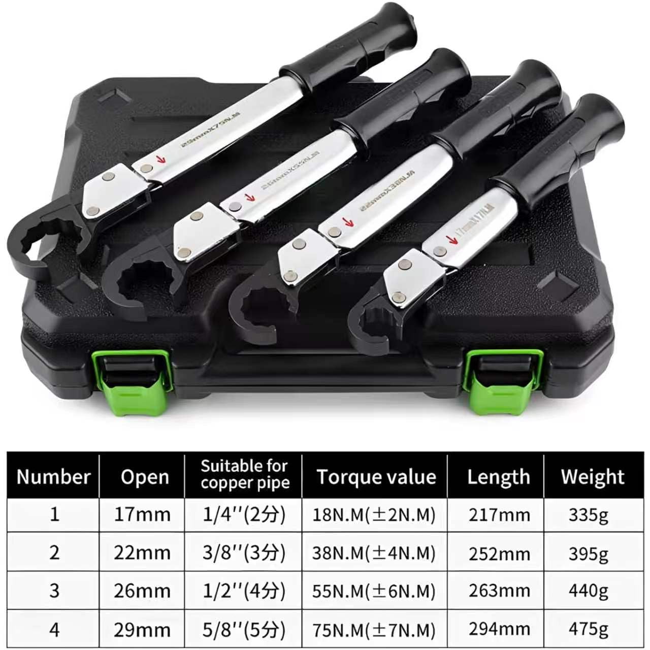 Juego de Llaves de Torque de Carraca 18-75 Nm, Llave Ajustable en Nm de Extremo Abierto para Servicio HVAC para Tubo de Cobre de 1/4", 3/8", 1/2", 5/8", para Aire Acondicionado