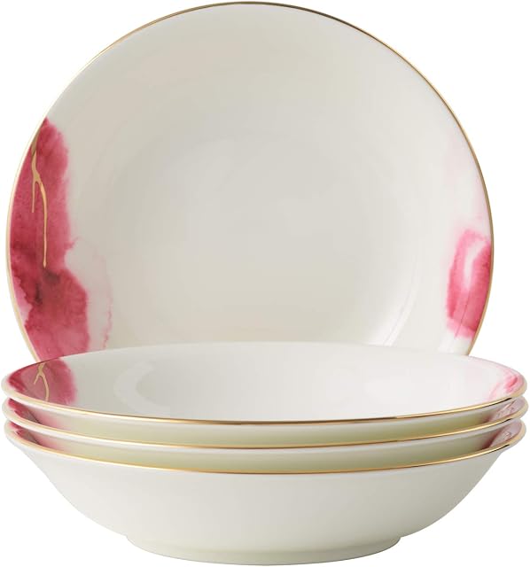 Amazon Brand - Umi Soup Bowl Pasta Plates Set of 4 Water Colour Gold Rim Fine China Premium Porcelain (Gold Rim)