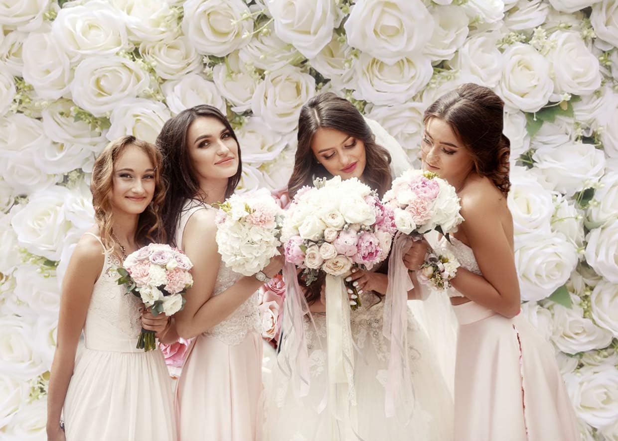 3x2.4m Toile de Fond Murale Fleur Rose Blanche Fond Photographique Filles Fête d'anniversaire Mariage Douceur de Mariage Décorations Portrait Photoshoot Bannière Photo Booth Props