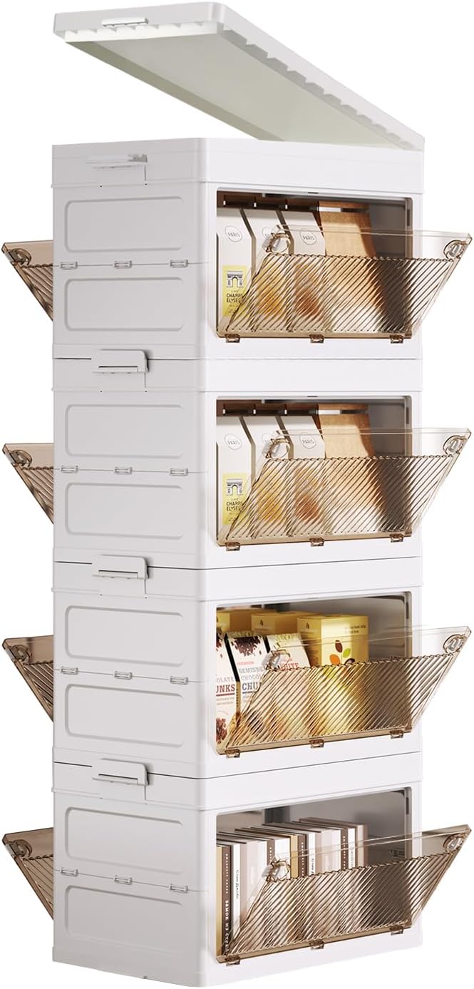 Stackable Storage Bins with Lids, 23Gal Collapsible Storage Cabinet, 4 Tier Folding Storage Box with Doors for Home, Pantry, Office, Closets, Dorm Room, Trunk Car Organizer 23Gal/92QT 4 Tier