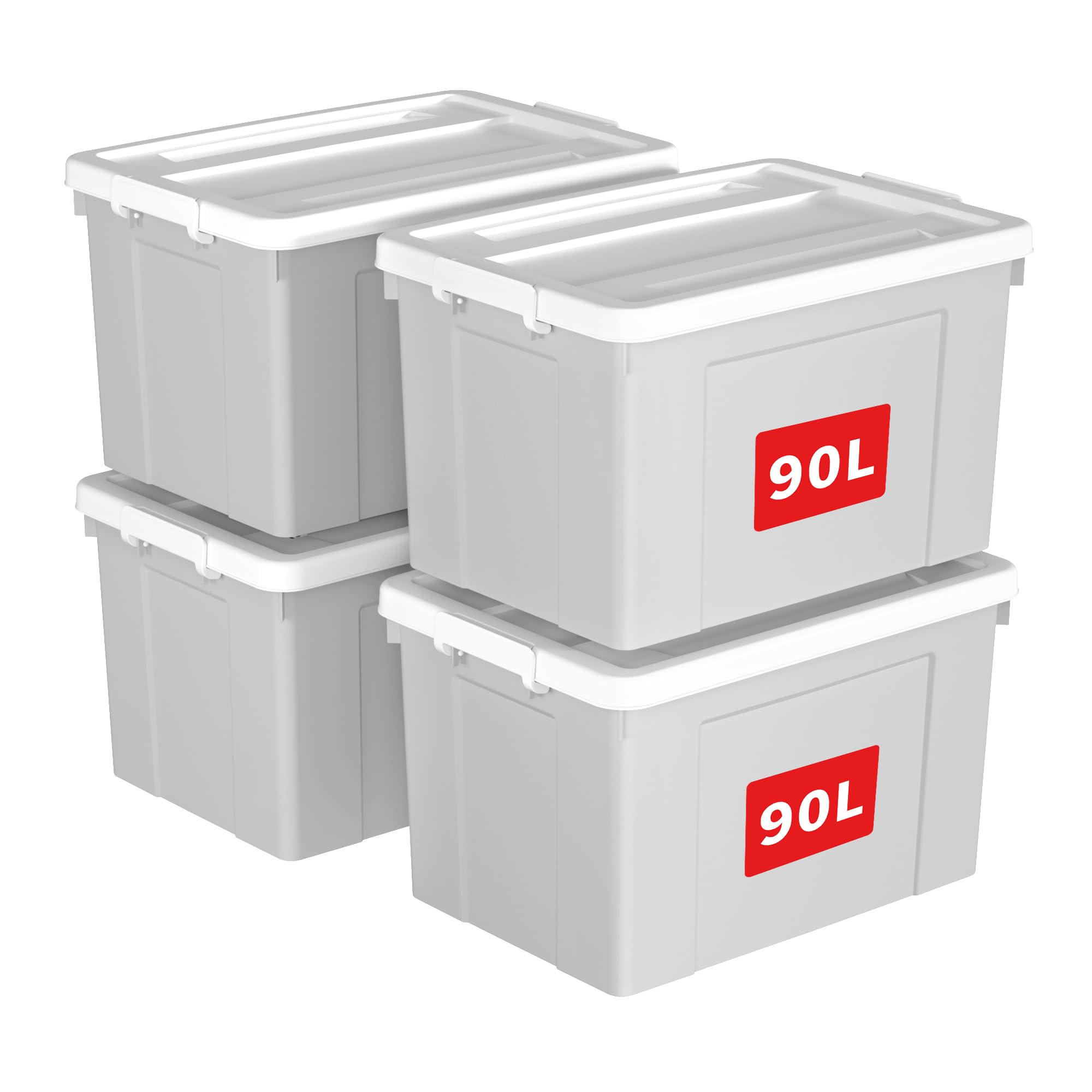 Cetomo 90L*4 Storage Boxes, Plastic Storage Box with Lids, Organizing Container with Secure Latching Buckles, Stackable, Nestable, Tote Bin for Home Office Clothes, 90L-4Pack, Gray