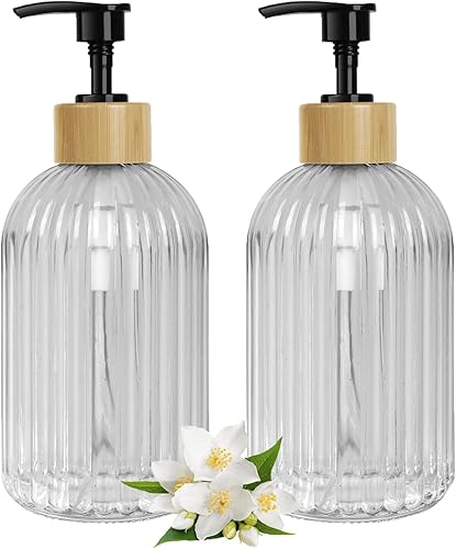 Juego de 2 dispensadores de jabón de vidrio para baño, botellas de jabón de vidrio de 13.5 onzas con bomba de plástico, juego de dispensador de