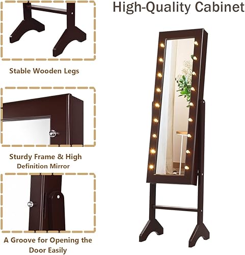 Miniatura 7 de Giantex Armario de joyería de pie con 18 luces LED alrededor de la puerta gabinete de joyería grande con espejo de longitud completa 16 soportes