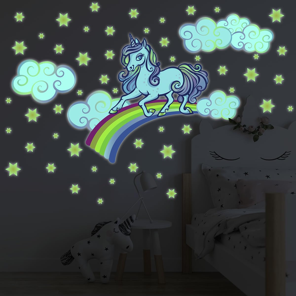 Ambiance Sticker Świecąca fosforyzująca naklejka ścienna ścienna dla dzieci fluorescencyjny jednorożec na tęczy - wys. 50 x dł. 65 cm