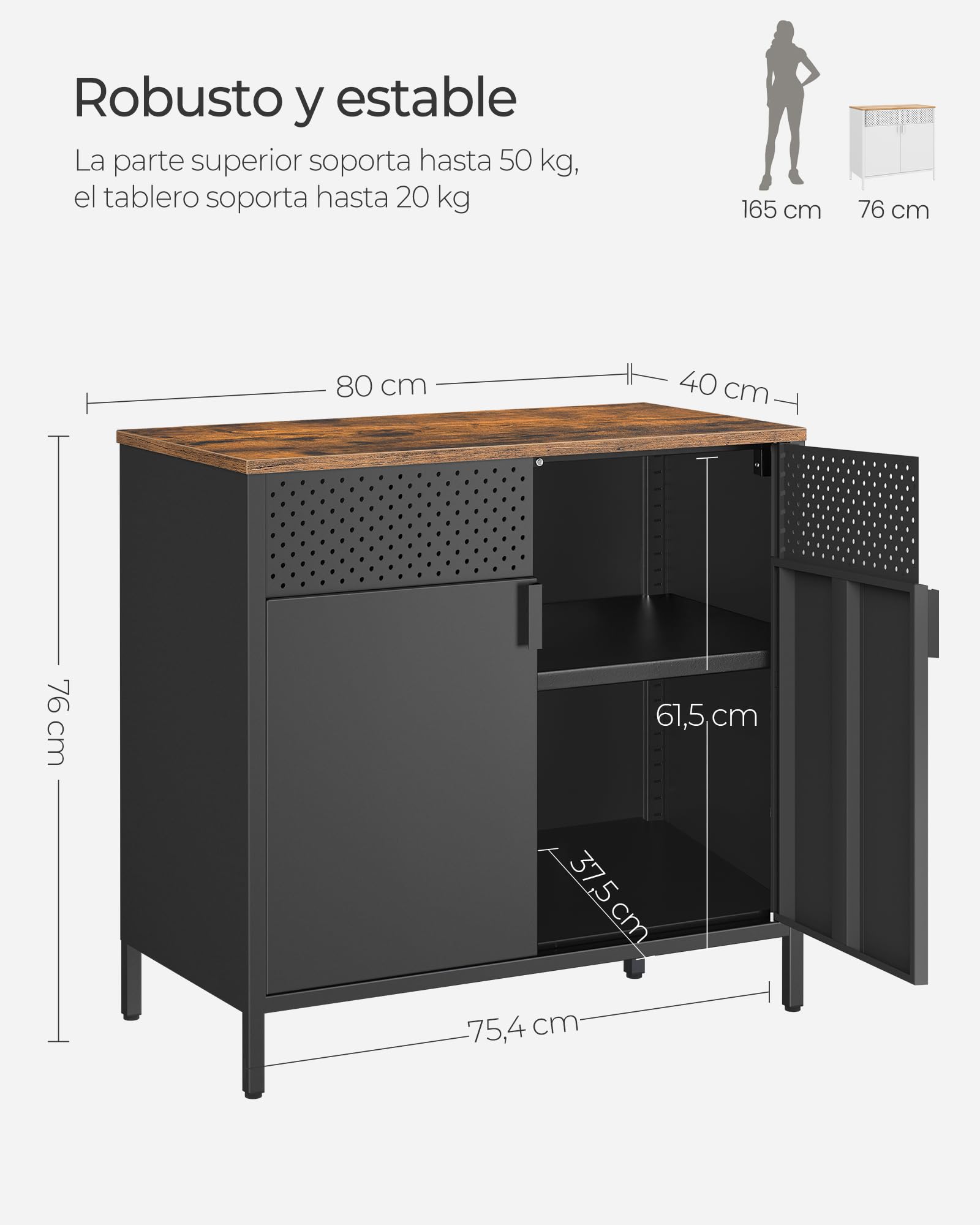 SONGMICS Armario de Almacenamiento, Aparador de Metal, Doble Puerta Magnética, Estante Ajustable, Marco de Acero, 40 x 80 x 76 cm, Marrón Rústico y Negro LSC102B01