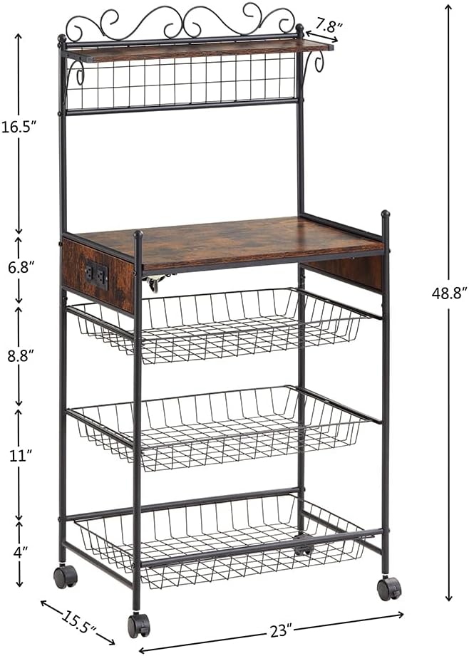 Kitchen Bakers Rack Removable Microwave Oven Stand with Wire Basket Wheels with Anti-Skid Locks Kitchen Storage Shelf Rack for Spices Pots Pans as Shown