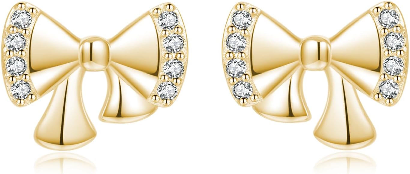 Reffeer Solid 925 Sterling Silver Cute Bow Stud Earrings for Women Teen Girls CZ Bow Earrings Stud Hypoallergenic