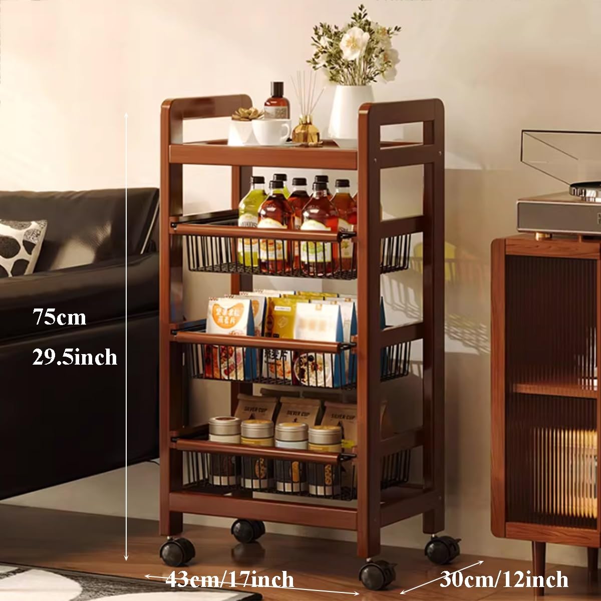 Carrello Portaoggetti Con Ruedas Compacto Con Cestas Extraíbles Y Superficie De Madera Organizador Móvil De Almacenamiento Para Cocina Con Asa Para Espacios Reducidos(4-Tier)