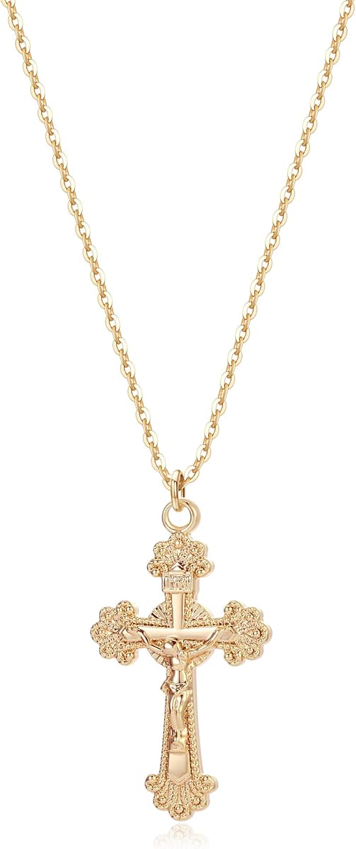 Fettero Crucifix Necklace Gold Faith Cross Pendant Vintage 14K Gold Plated Dainty Chain Minimalist Simple God Lords Prayer Religious Jewelry