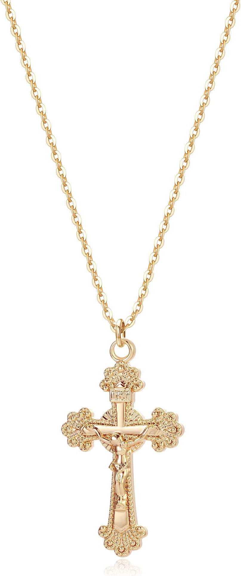 Cross Necklace Faith Pendant 14K Plated Dainty Chain Minimalist Simple Tiny God Lords Prayer Religious Jewelry, 19 inches (extendable to 21 inches), Metal, Cubic Zirconia