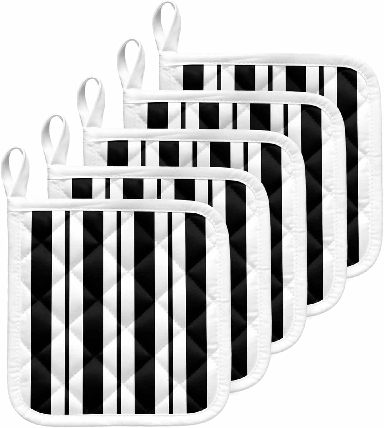 Black Striped Pot Holders for Kitchen Heat Insulation, Modern Art Farmhouse Stripes Potholders Hot Pads with Hanging Loop, Washable Oven Mitts Pot Holder Trivet for Cooking Baking 5 Pack