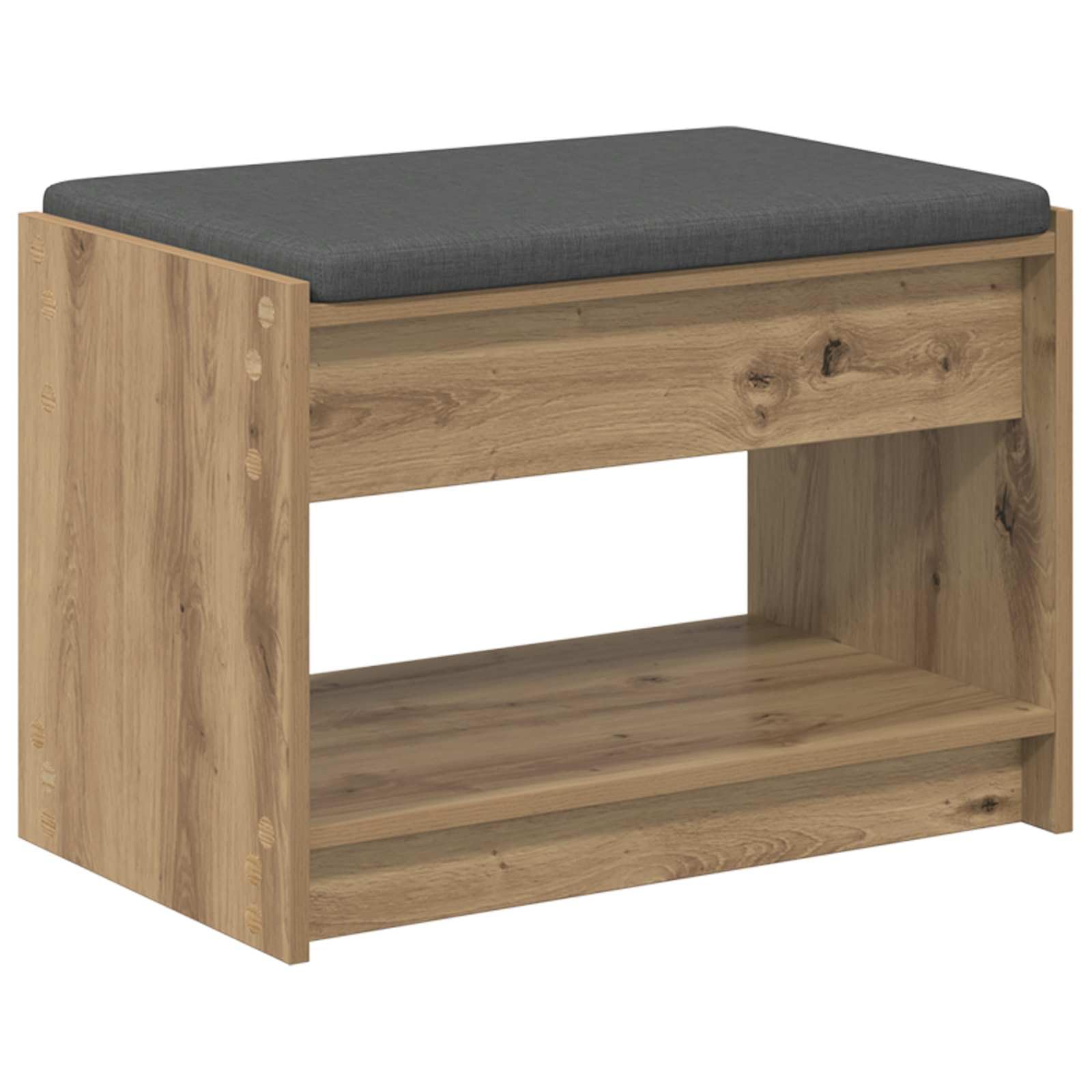 Nowoczesna ławka do korytarza, 63 x 38 x 45 cm, z poduszką i regałem z materiału drewnopochodnego, bez pleców, tapicerka materiałowa, miejsce do przechowywania butów i dekoracji