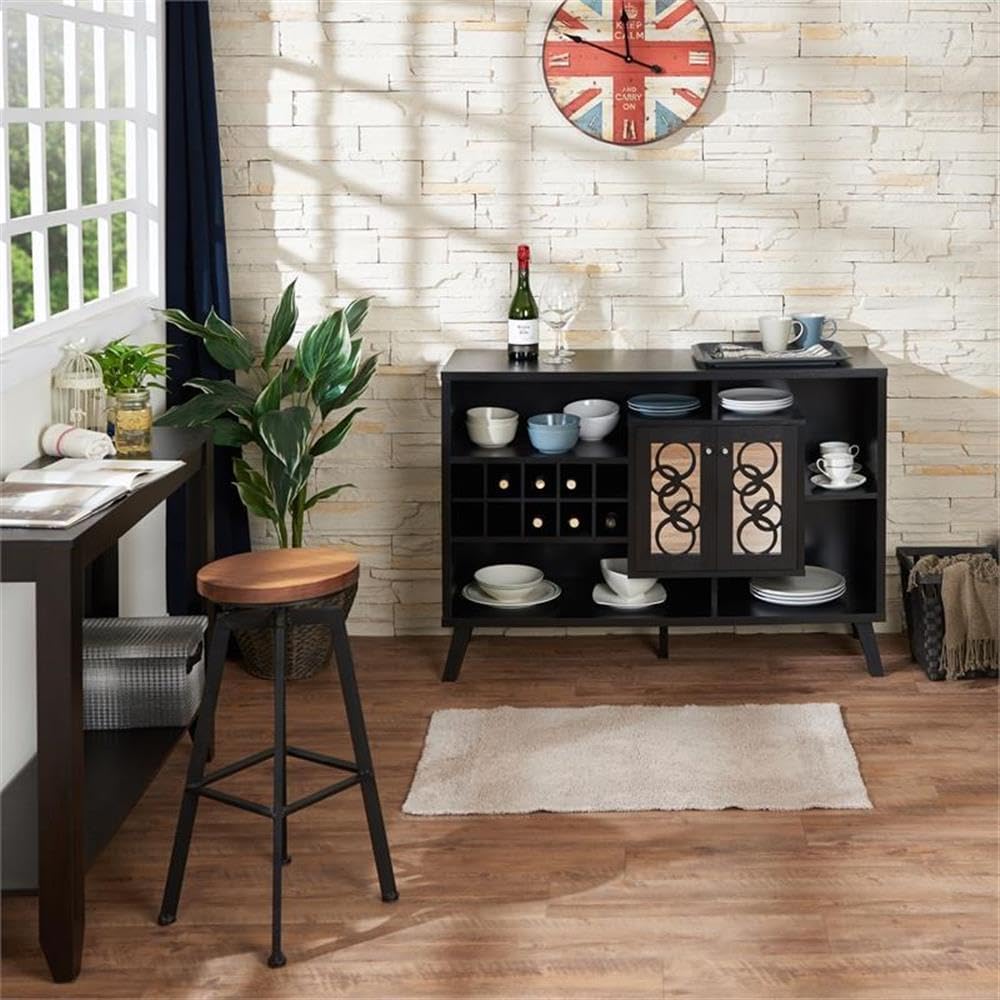 BOWERY HILL Contemporary Wood Wine Rack Buffet, 47.25" W x 15.25" D x 33.25" H, MDF and Veneer, Cappuccino Finish, Mirrored Doors, Wine Storage for Dining Room or Entertainment Spaces
