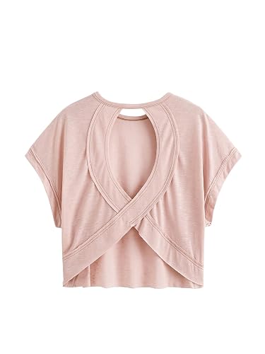 SOLY HUX Women Open Back Tops Workout Backless Tee Casual Athletic Shirts Short Sleeve Oversized Gym T Shirt