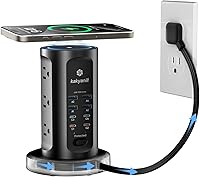 Vista 1 de 115W USB Charging Station, Surge Protector Power Strip Tower, 9 AC Outlets with 8 USB Ports(4 USB-C), 6Ft Flat Plug Retractable Extension Cord, for
