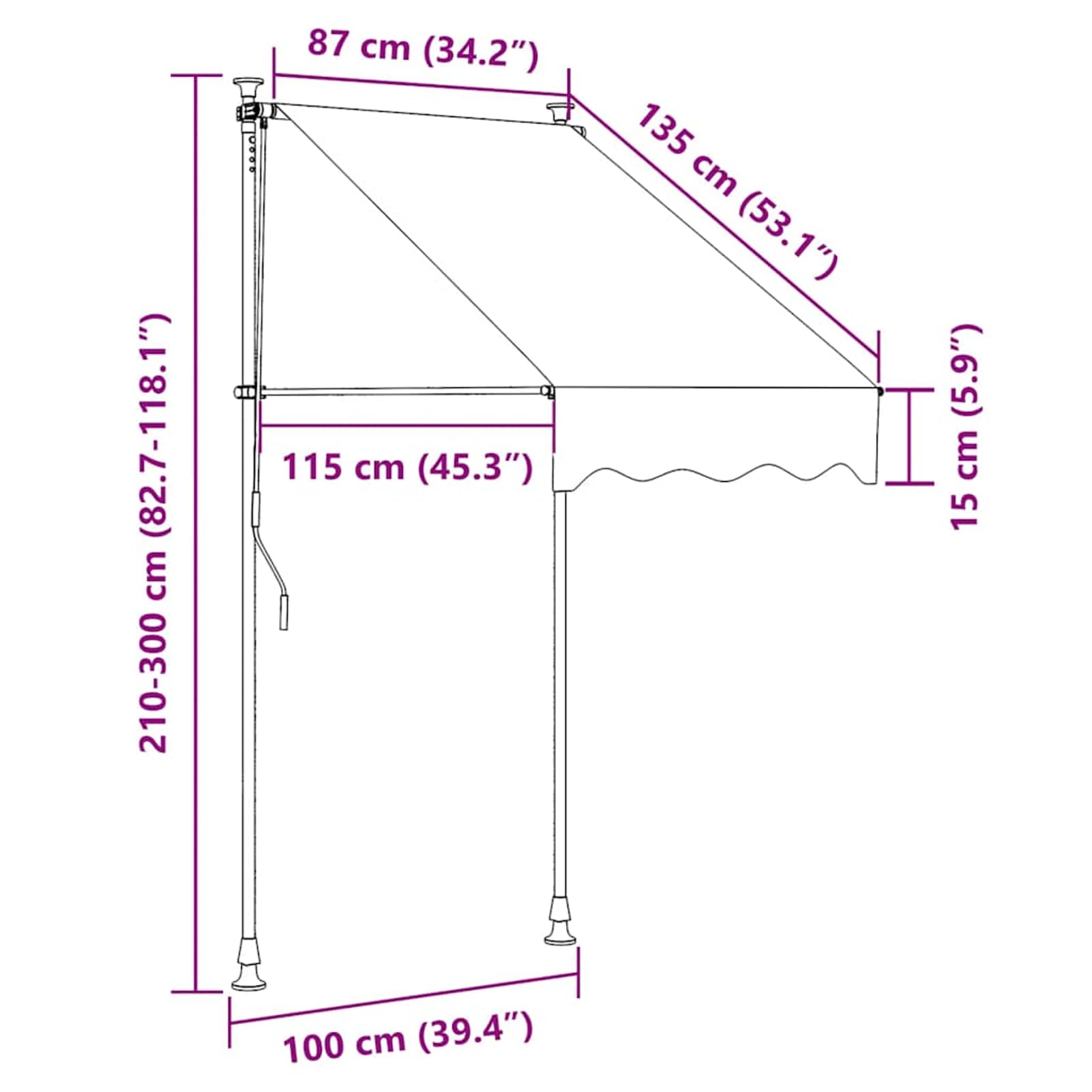 Markiza zwijana, obsługiwana ręcznie, 100 cm, niebiesko-białe paski, markiza na balkon, bez wiercenia, z korbą ręczną, aluminiowa markiza odporna na promieniowanie UV, regulacja wysokości i