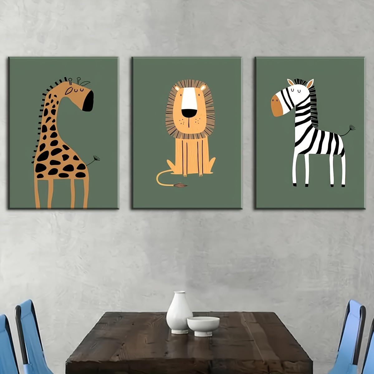 GLWDMH 3 lienzos de 20 x 30 cm con dibujos animados de jirafa, león y cebra, póster artístico de pared e impresiones, imagen de pared para sala de estar, dormitorio, comedor, oficina (con marco