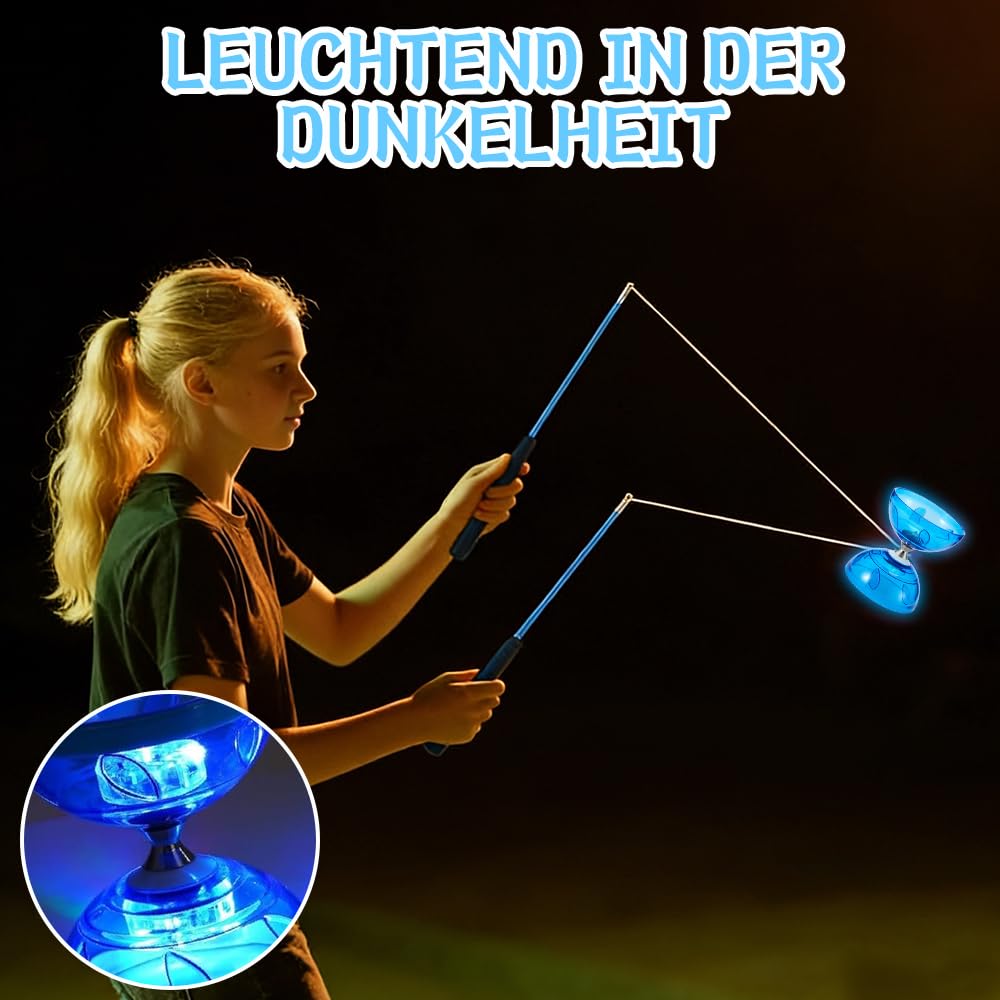 Diabolo LED avec roulement à billes, 3 roulements à billes, diabolo avec bâtons et ficelle, kit de jonglerie pour débutant, avec 2 paires de baguettes à main + 4 kits de cordes de rechange