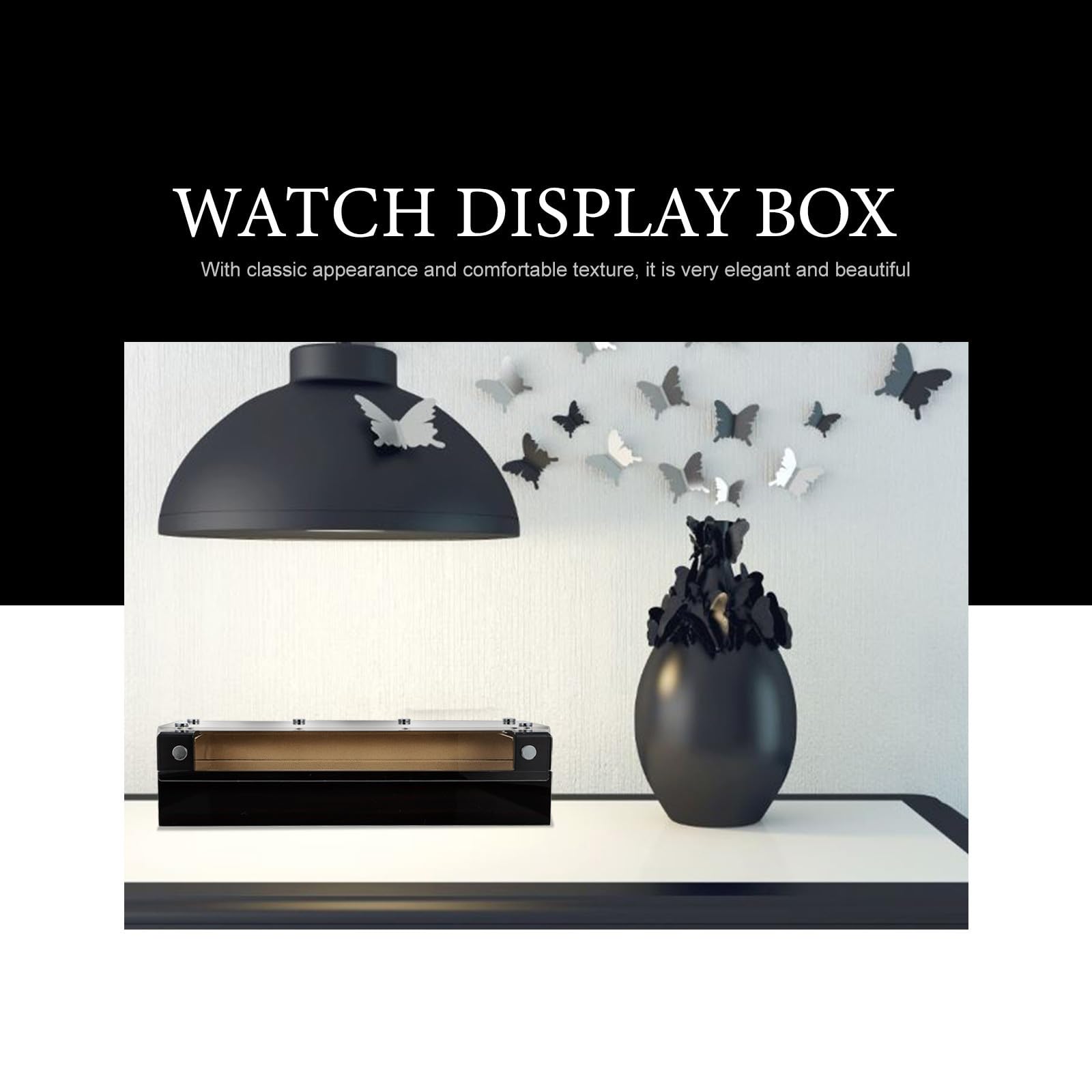 TEHAUX Elegante Uhrenbox aus Schwarzem Holz mit Durchdachtem Stauraum und Transparenter Acrylabdeckung für Stilvolle Uhrenaufbewahrung Zuhause oder Unterwegs