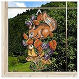 DSD Design-Studio Drechsler Gesticktes Fensterbild Eichhörnchen und Vögelchen Fenster-Dekoration Plauener Spitze Herbst-Motiv lila