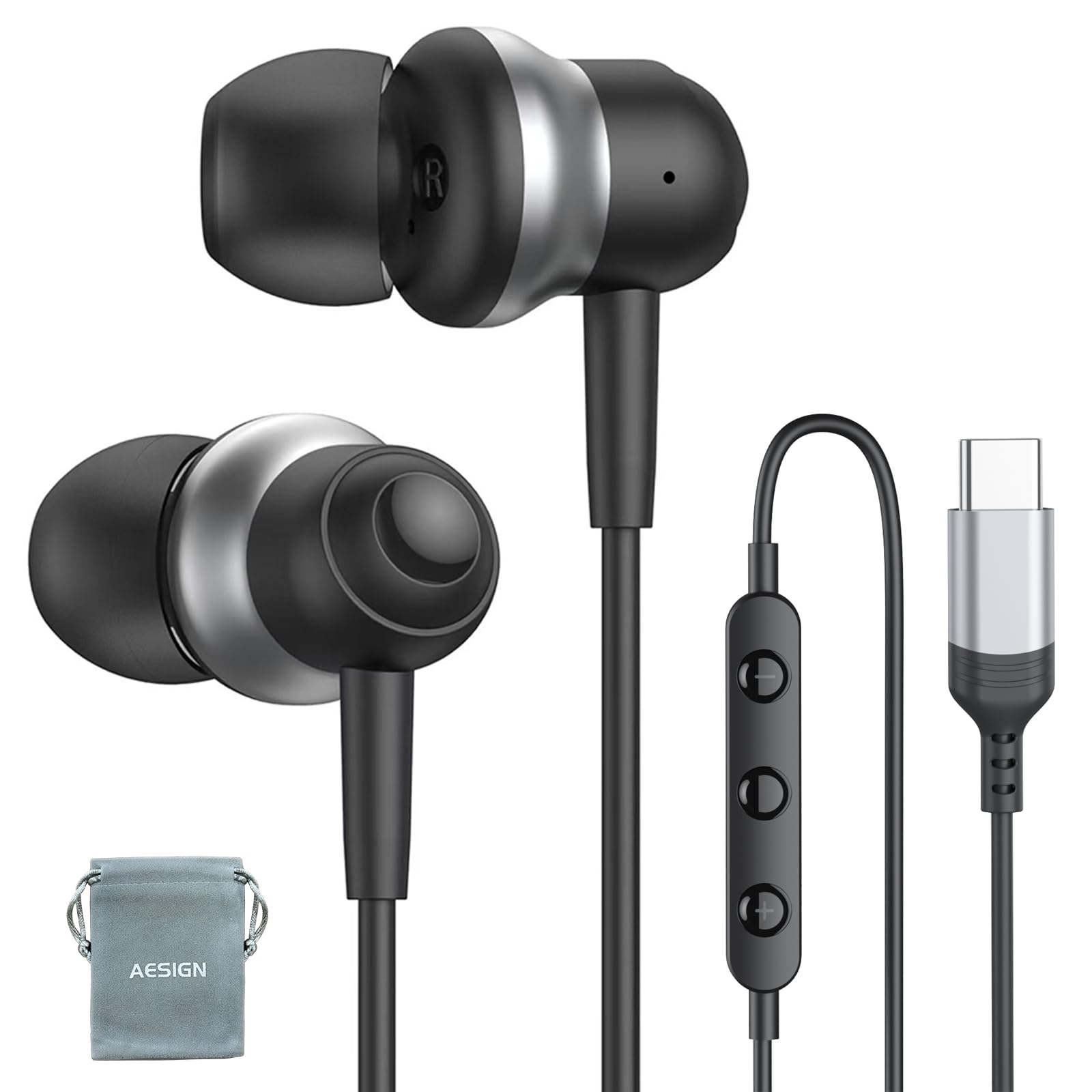 AESIGN USB C Wired Earphones with Microphone & Volume Control, Type-C Earbuds with in-Line Control & Portable Pouch, Noise Isolating in-Ear Headphones